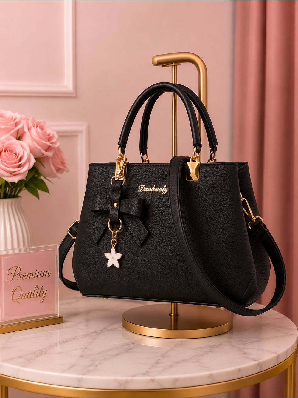 Black Structured Tote Bag with Bow Charm